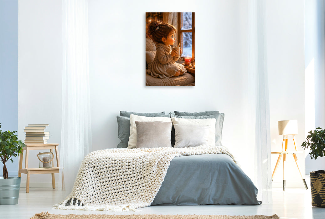 Premium Textil-Leinwand Winterwärme am Fenster