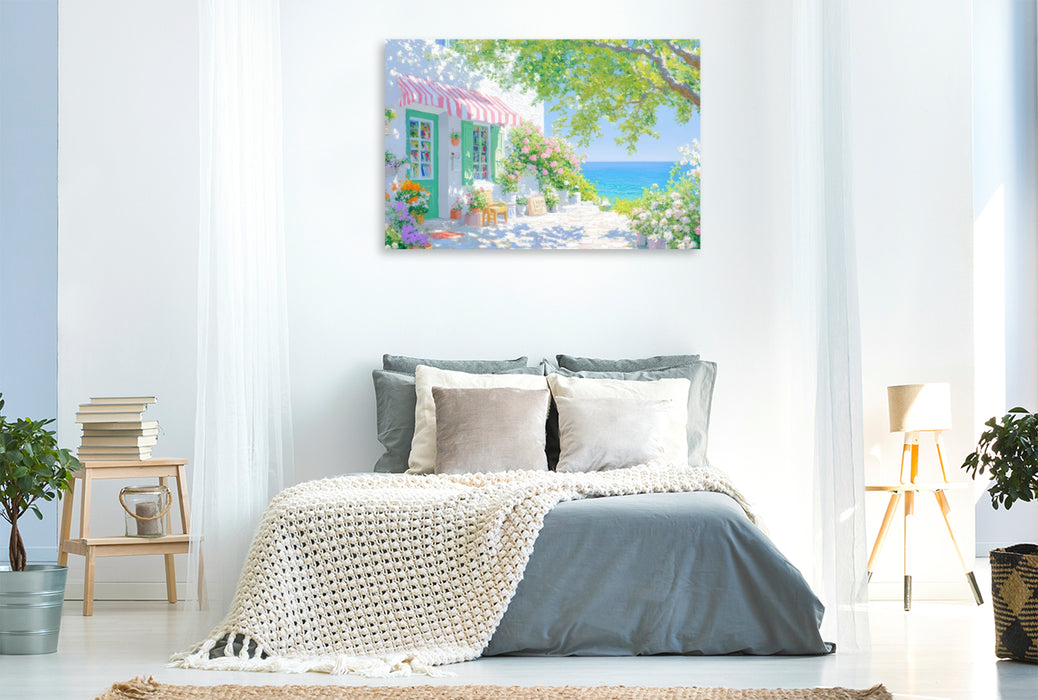 Premium Textil-Leinwand Buchladen mit Ausblick