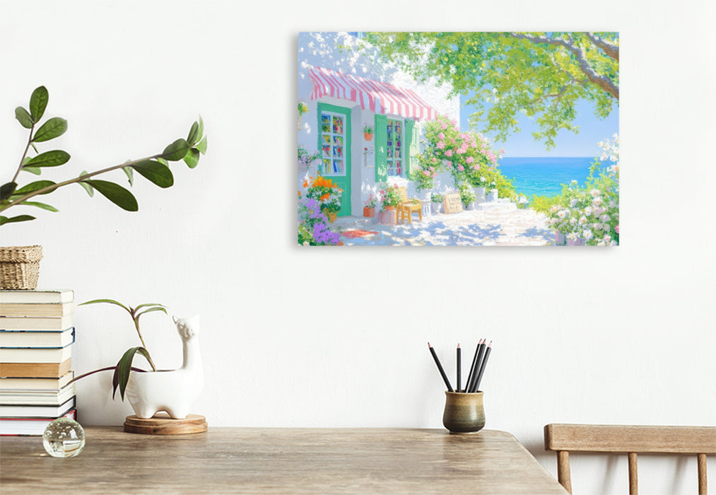 Premium Textil-Leinwand Buchladen mit Ausblick