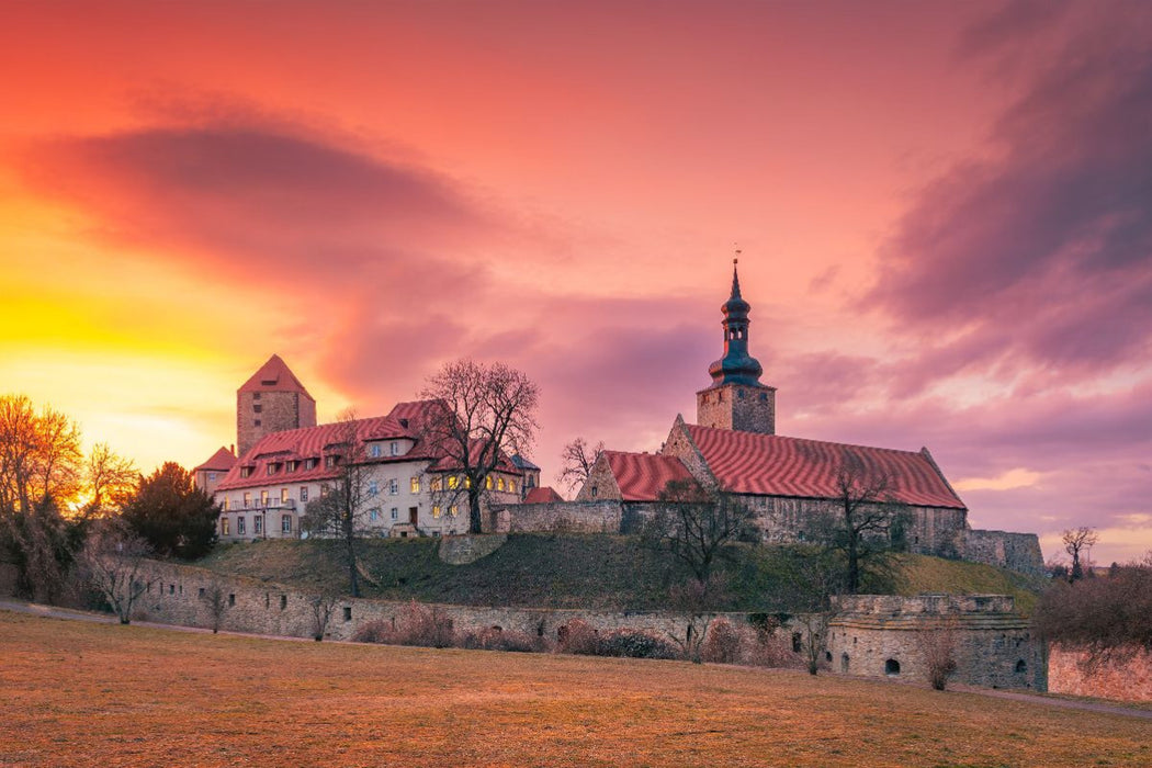 Premium Textil-Leinwand Sonnenuntergang über Burg Querfurt