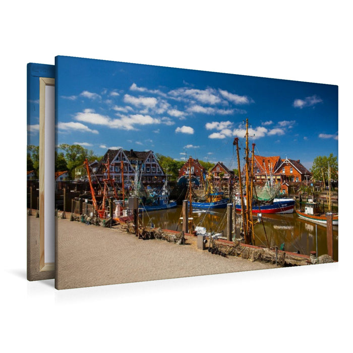 Premium Textil-Leinwand Krabbenkutter im Hafen von Neuharlingersiel, Ostfriesland