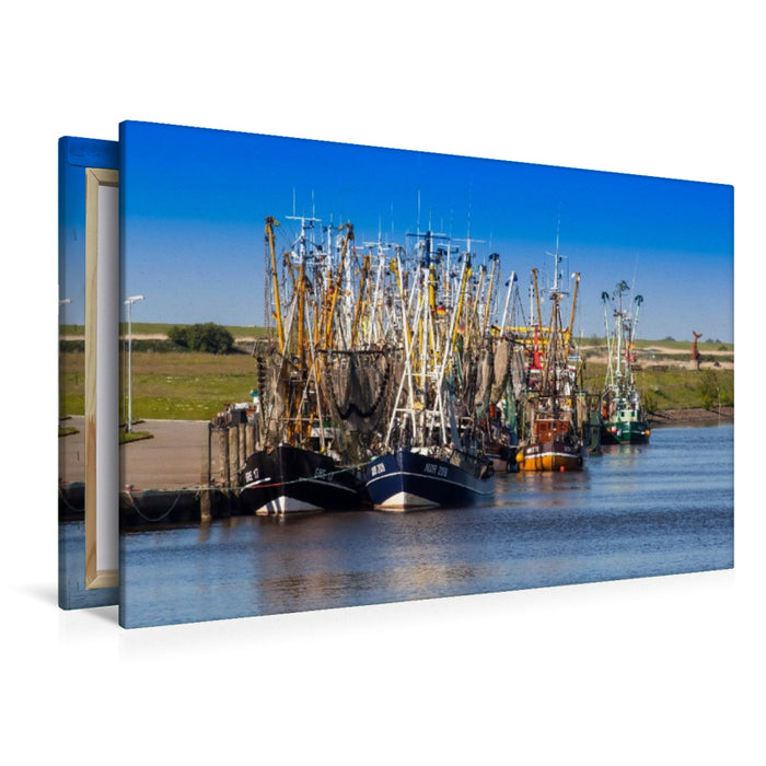 Premium Textil-Leinwand Krabbenkutter im Hafen, Greetsiel, Leybucht, Ostfriesland