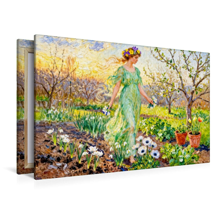 Premium Textil-Leinwand Chloris griechische Göttin des Frühlings im Krokusgarten