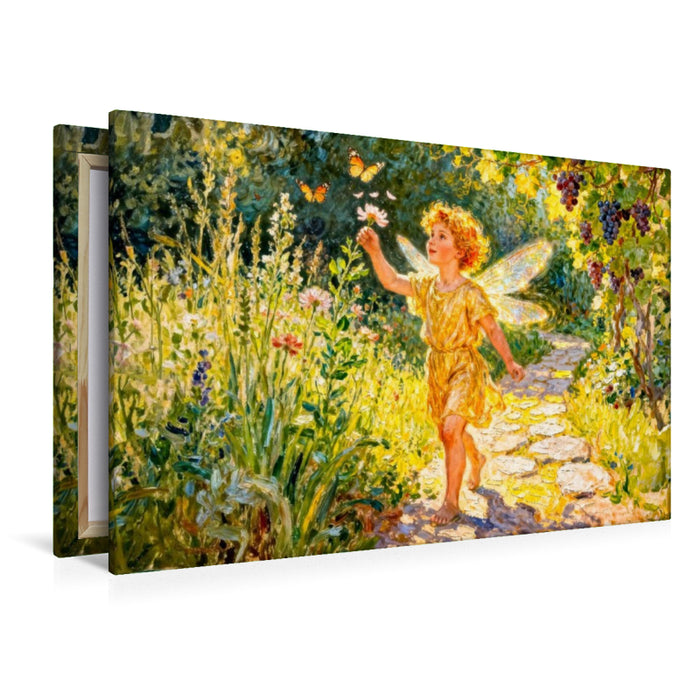 Premium Textil-Leinwand Eros – Griechischer Liebesgott als Kind im Garten