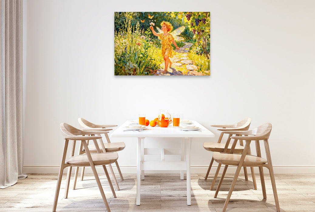 Premium Textil-Leinwand Eros – Griechischer Liebesgott als Kind im Garten