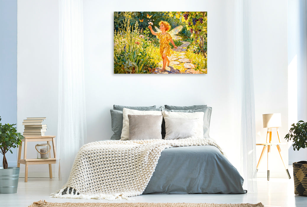 Premium Textil-Leinwand Eros – Griechischer Liebesgott als Kind im Garten
