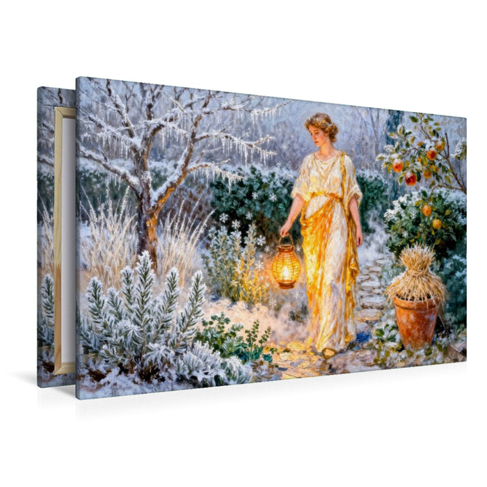 Premium Textil-Leinwand Hestia – Griechische Göttin des Herdfeuers im winterlichen Garten