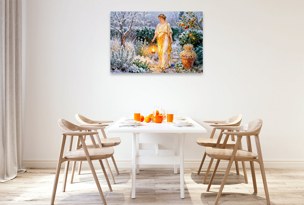 Premium Textil-Leinwand Hestia – Griechische Göttin des Herdfeuers im winterlichen Garten