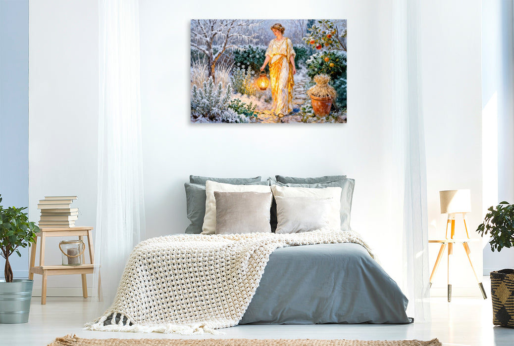 Premium Textil-Leinwand Hestia – Griechische Göttin des Herdfeuers im winterlichen Garten