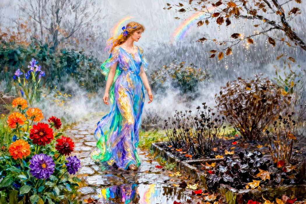 Premium Textil-Leinwand Iris – Griechische Göttin des Regenbogens im Herbstregen