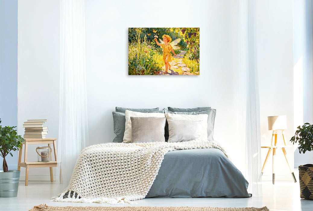 Premium Textil-Leinwand Eros – Griechischer Liebesgott als Kind im Garten