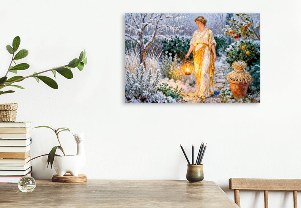 Premium Textil-Leinwand Hestia – Griechische Göttin des Herdfeuers im winterlichen Garten