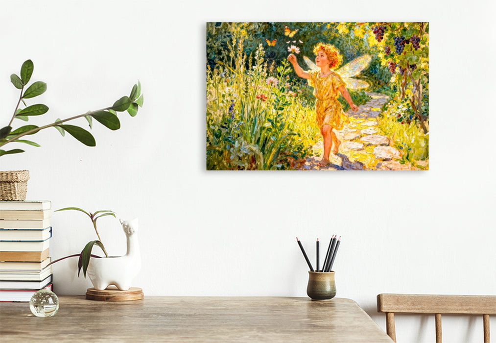 Premium Textil-Leinwand Eros – Griechischer Liebesgott als Kind im Garten