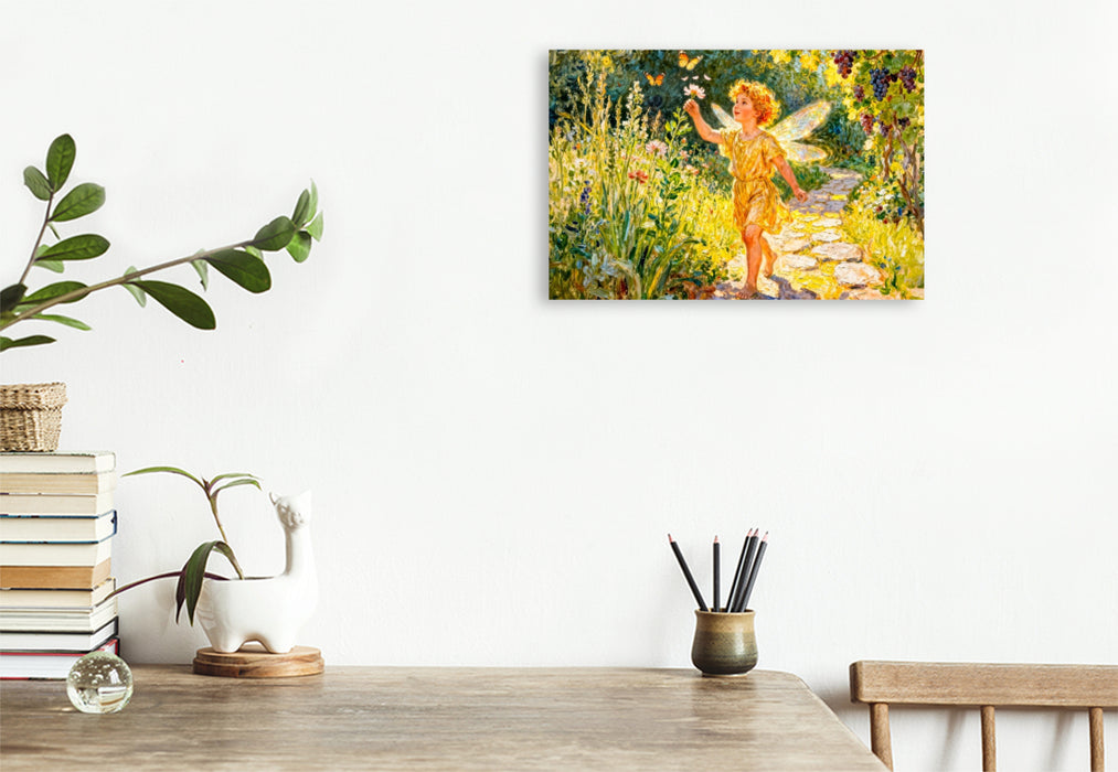 Premium Textil-Leinwand Eros – Griechischer Liebesgott als Kind im Garten