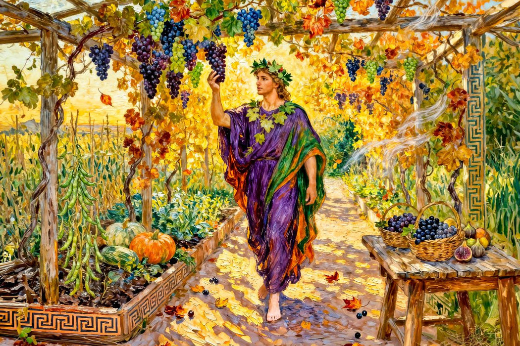 Premium Textil-Leinwand Dionysos – Griechischer Gott der Weinreben im Weinlaubgang