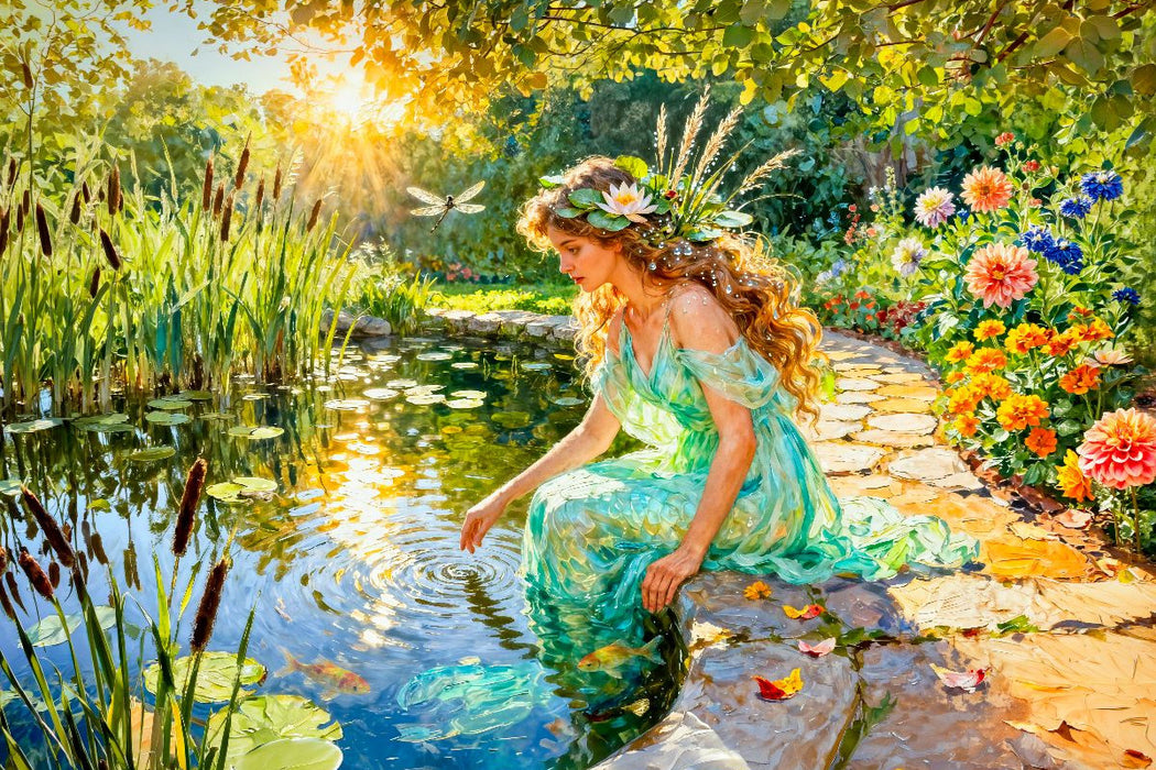 Premium Textil-Leinwand Naiade – Nymphe der Quellen im lichten Wassergarten