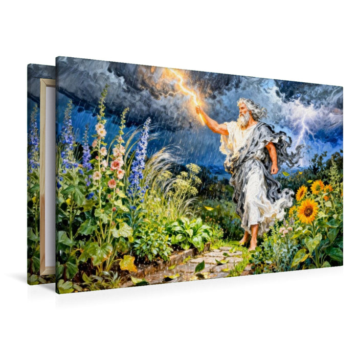 Premium Textil-Leinwand Zeus – Griechischer Gott des Sommergewitters im Garten