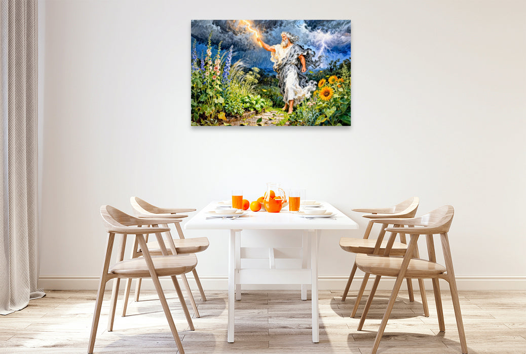 Premium Textil-Leinwand Zeus – Griechischer Gott des Sommergewitters im Garten