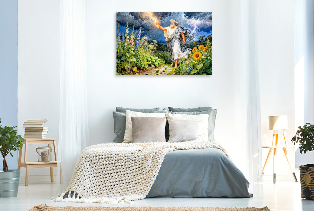 Premium Textil-Leinwand Zeus – Griechischer Gott des Sommergewitters im Garten