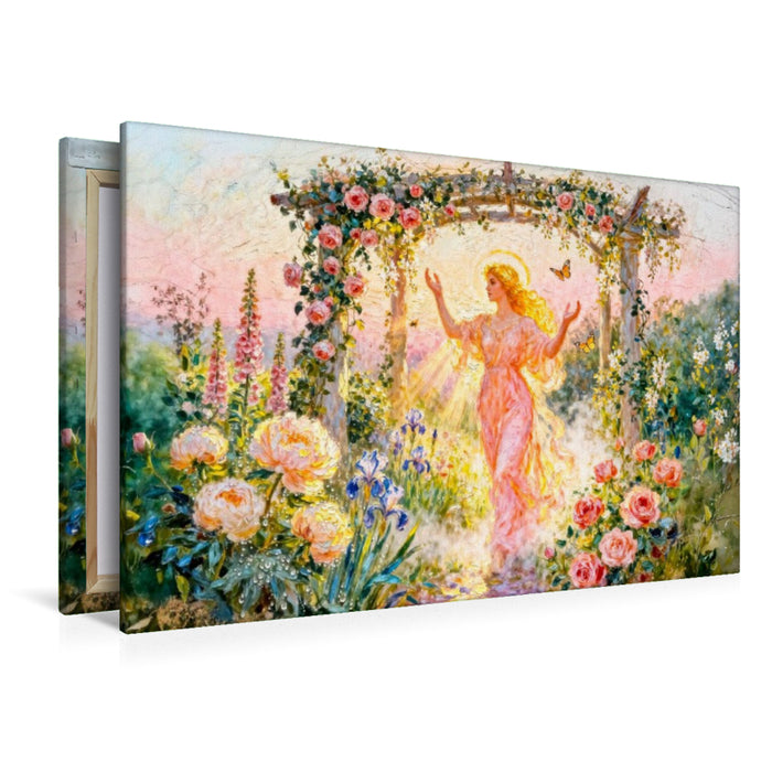 Premium Textil-Leinwand Eos – Griechische Göttin der Morgenröte im Rosengarten