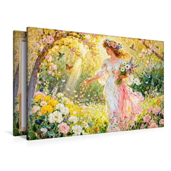 Premium Textil-Leinwand Flores – Göttin der Blütenfülle im sonnigen Garten