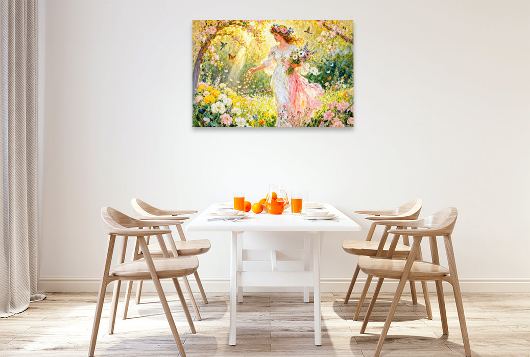 Premium Textil-Leinwand Flores – Göttin der Blütenfülle im sonnigen Garten