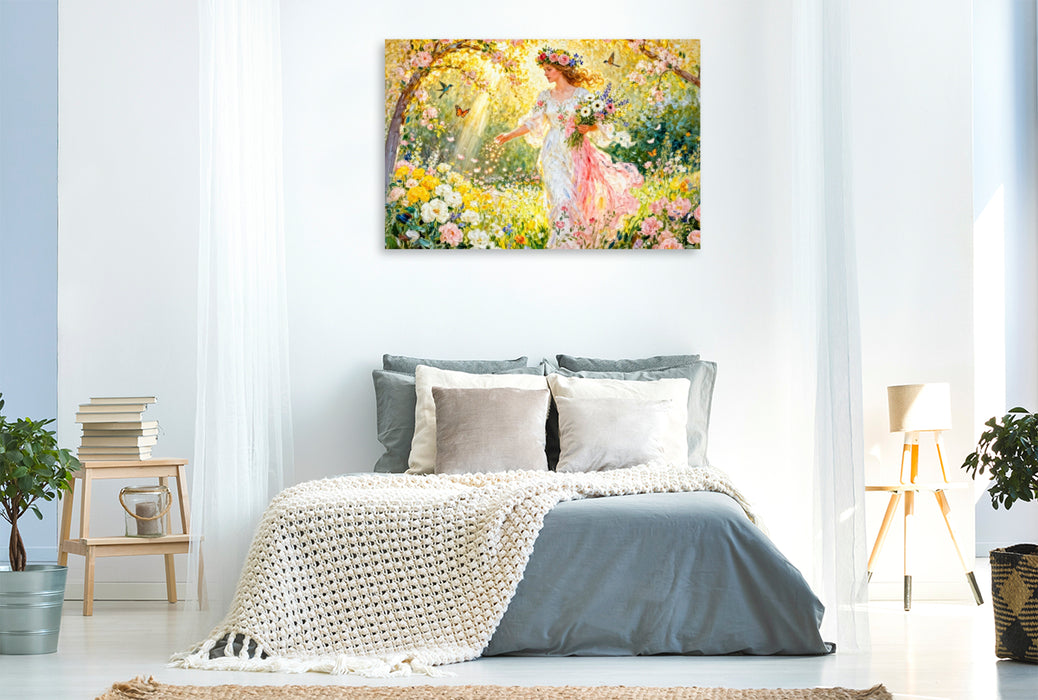 Premium Textil-Leinwand Flores – Göttin der Blütenfülle im sonnigen Garten