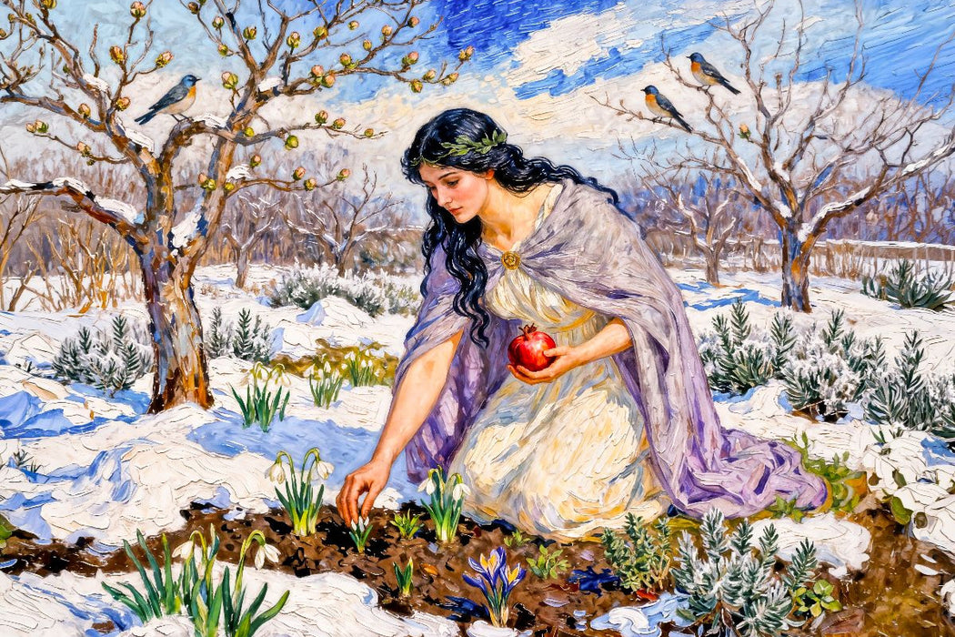 Premium Textil-Leinwand Persephone - Göttin des Neubeginns im frühen Frühlingsgarten