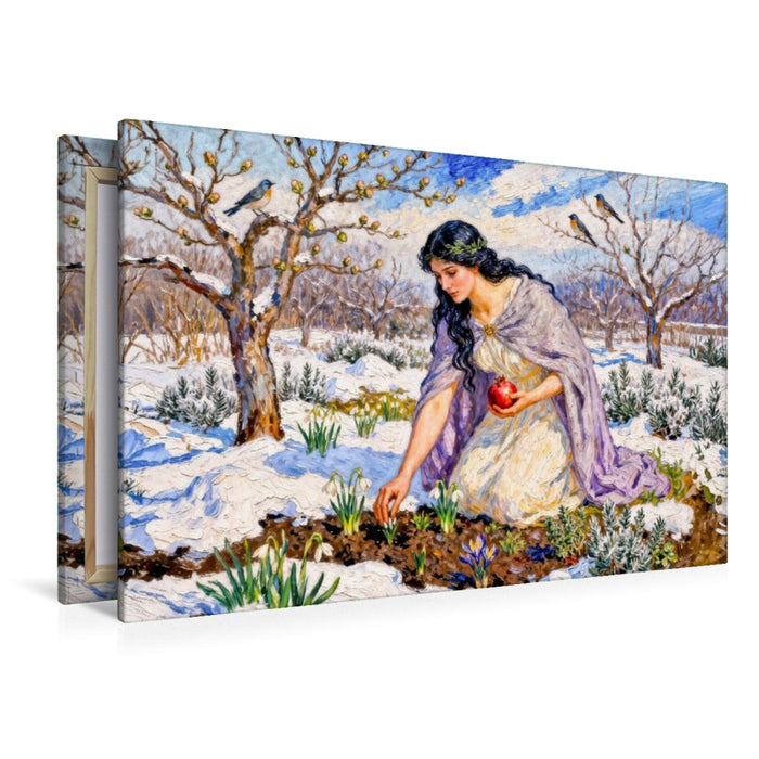 Premium Textil-Leinwand Persephone - Göttin des Neubeginns im frühen Frühlingsgarten
