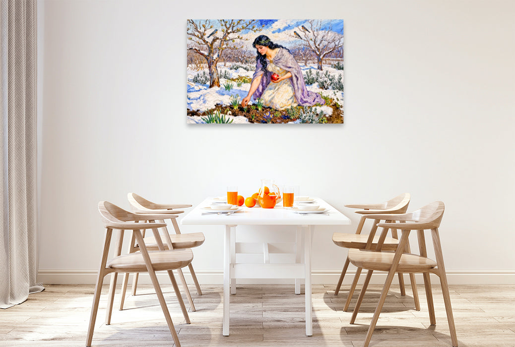 Premium Textil-Leinwand Persephone - Göttin des Neubeginns im frühen Frühlingsgarten