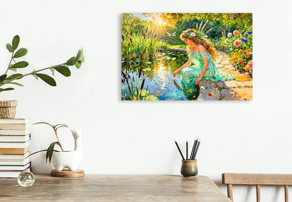 Premium Textil-Leinwand Naiade – Nymphe der Quellen im lichten Wassergarten
