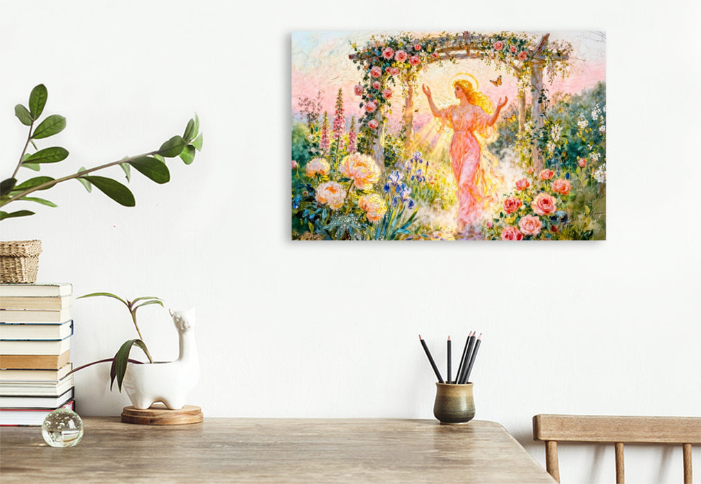Premium Textil-Leinwand Eos – Griechische Göttin der Morgenröte im Rosengarten