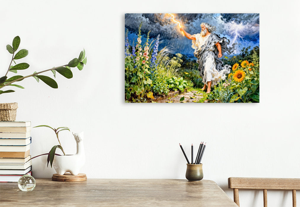 Premium Textil-Leinwand Zeus – Griechischer Gott des Sommergewitters im Garten