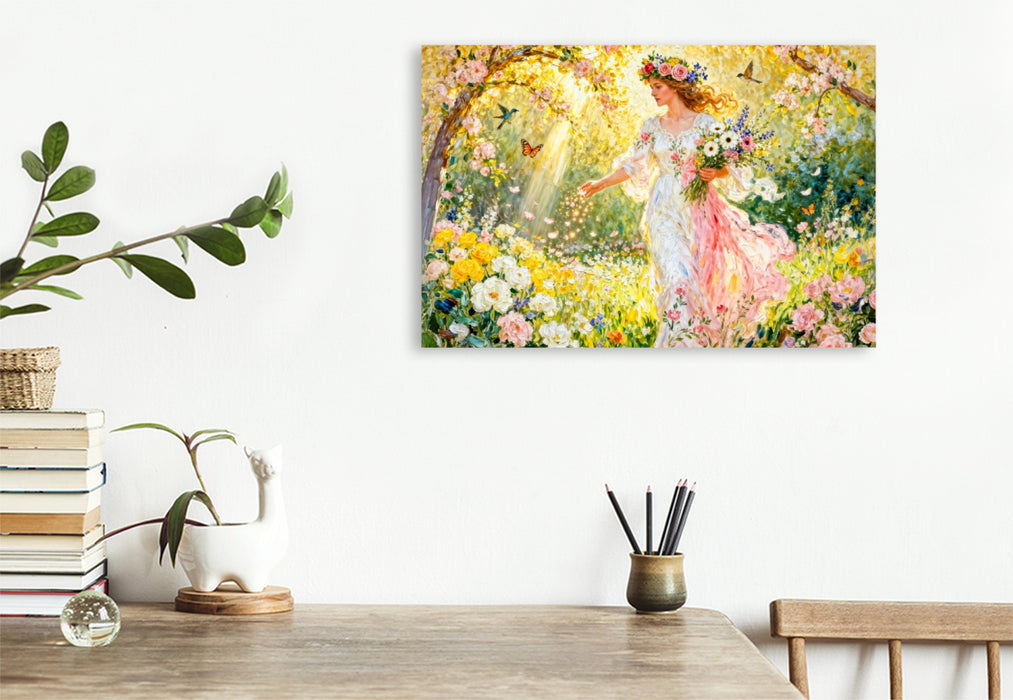 Premium Textil-Leinwand Flores – Göttin der Blütenfülle im sonnigen Garten