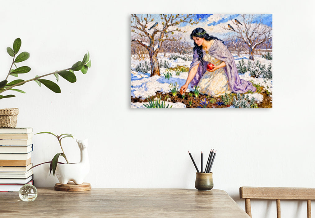 Premium Textil-Leinwand Persephone - Göttin des Neubeginns im frühen Frühlingsgarten