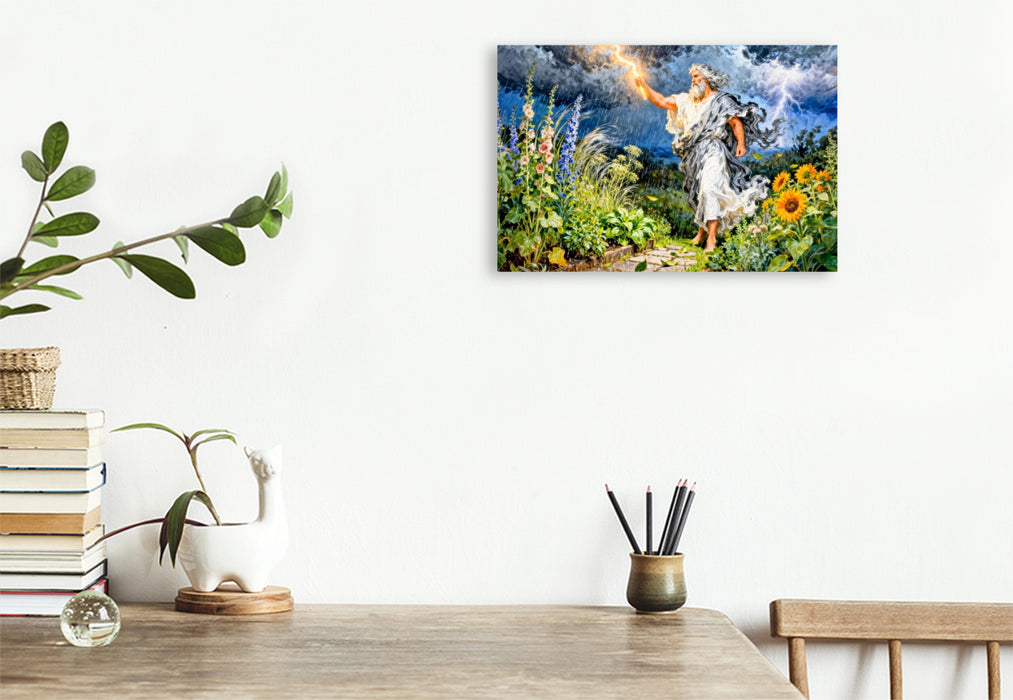 Premium Textil-Leinwand Zeus – Griechischer Gott des Sommergewitters im Garten
