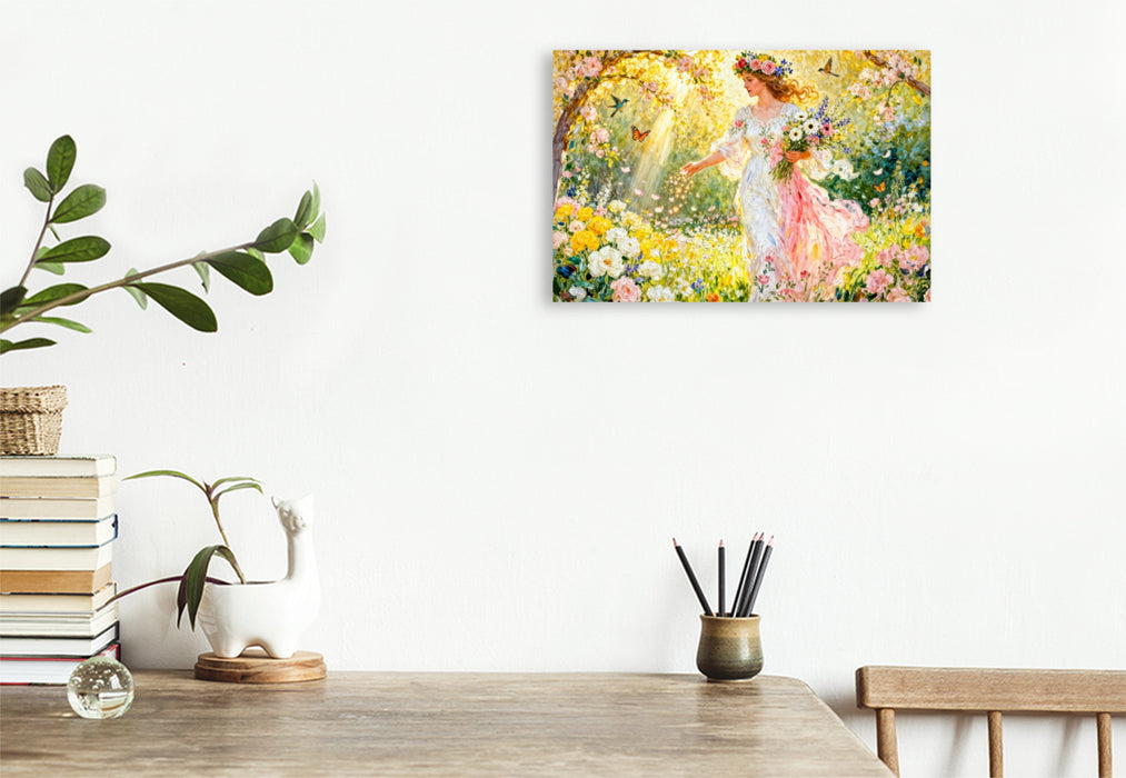 Premium Textil-Leinwand Flores – Göttin der Blütenfülle im sonnigen Garten