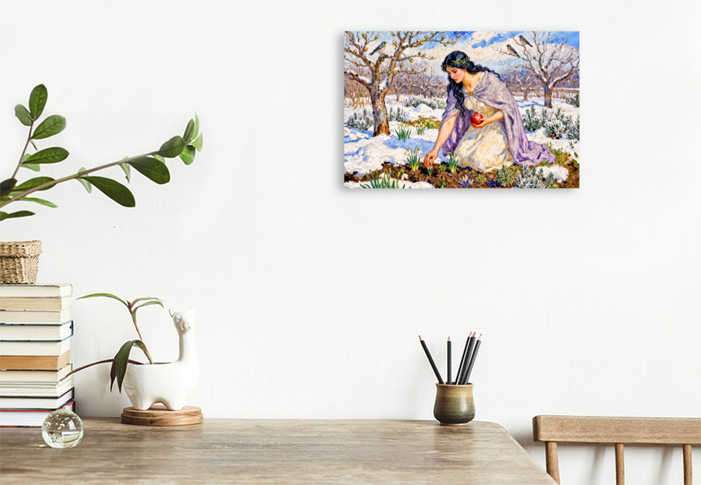 Premium Textil-Leinwand Persephone - Göttin des Neubeginns im frühen Frühlingsgarten