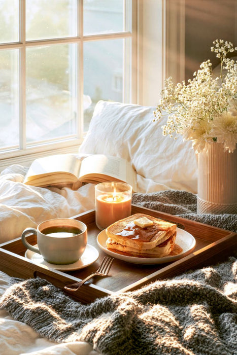 Premium Textil-Leinwand Frühstück im Bett - gibt es etwas Besseres