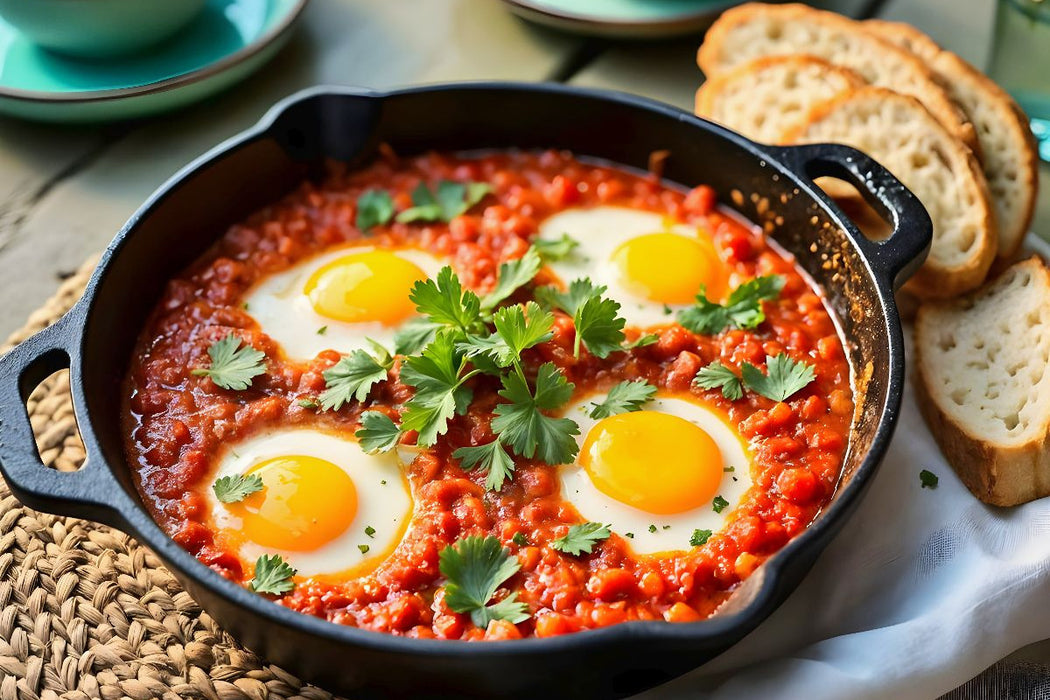 Premium Textil-Leinwand Shakshuka – Würzige Morgenstimmung