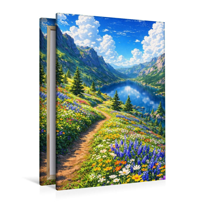 Premium Textil-Leinwand Versteckter See im Gebirge - wie im Anime Zeichentrickfilm