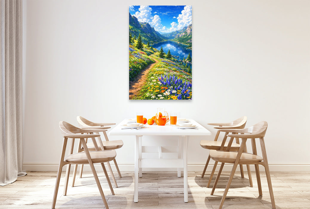 Premium Textil-Leinwand Versteckter See im Gebirge - wie im Anime Zeichentrickfilm