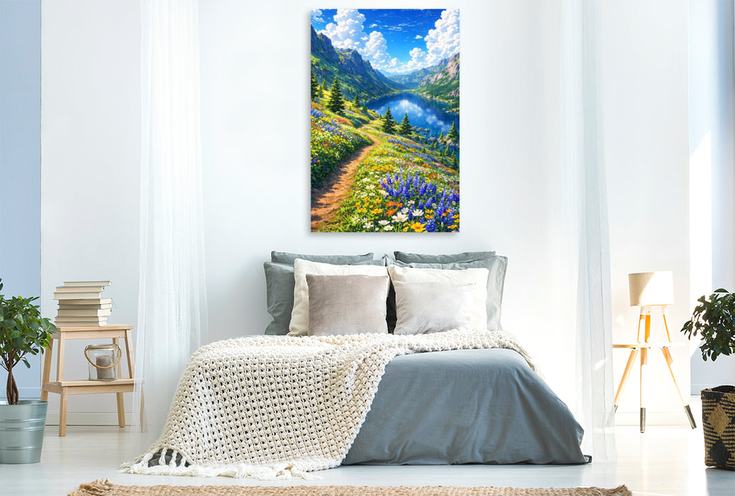 Premium Textil-Leinwand Versteckter See im Gebirge - wie im Anime Zeichentrickfilm