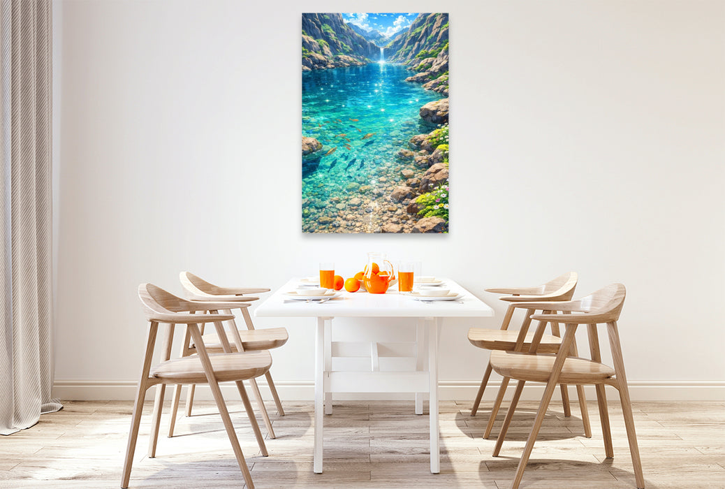 Premium Textil-Leinwand Glitzernde Oberfläche am See - wie im Anime Zeichentrickfilm