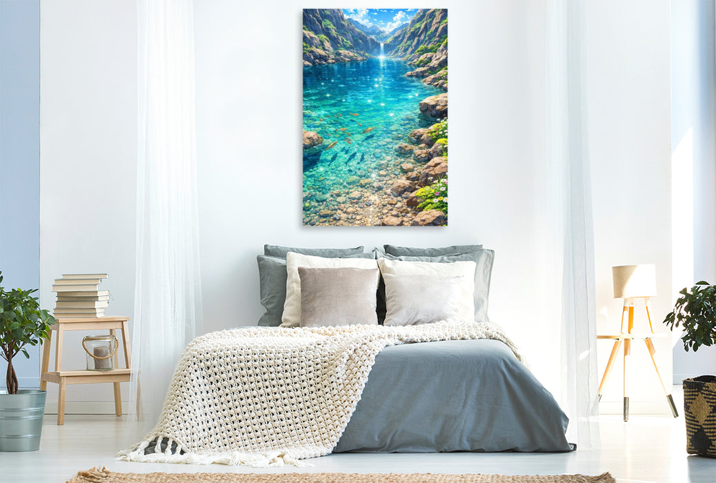 Premium Textil-Leinwand Glitzernde Oberfläche am See - wie im Anime Zeichentrickfilm