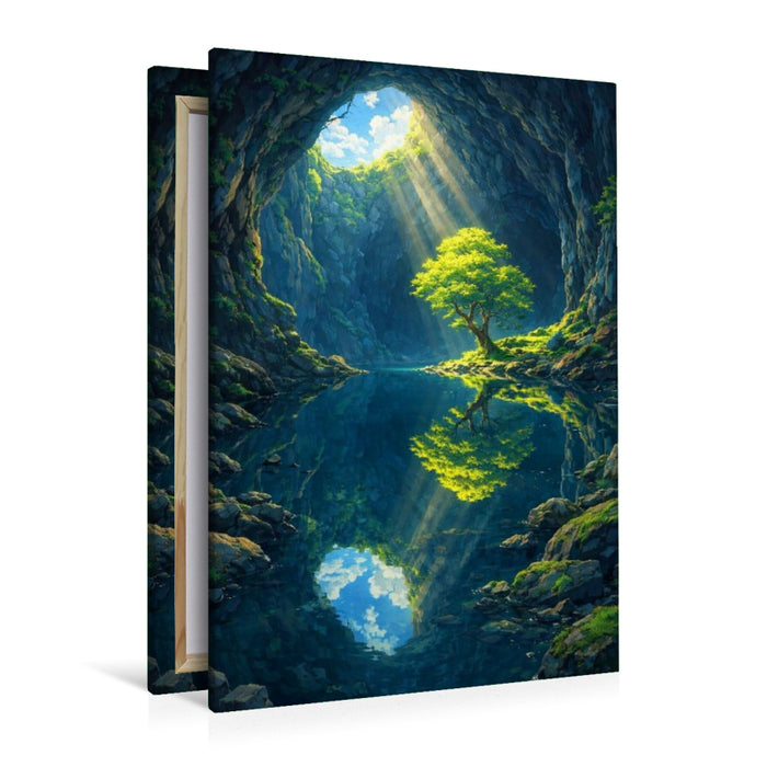 Premium Textil-Leinwand Einsamer Baum in der Höhle - wie im Anime Zeichentrickfilm