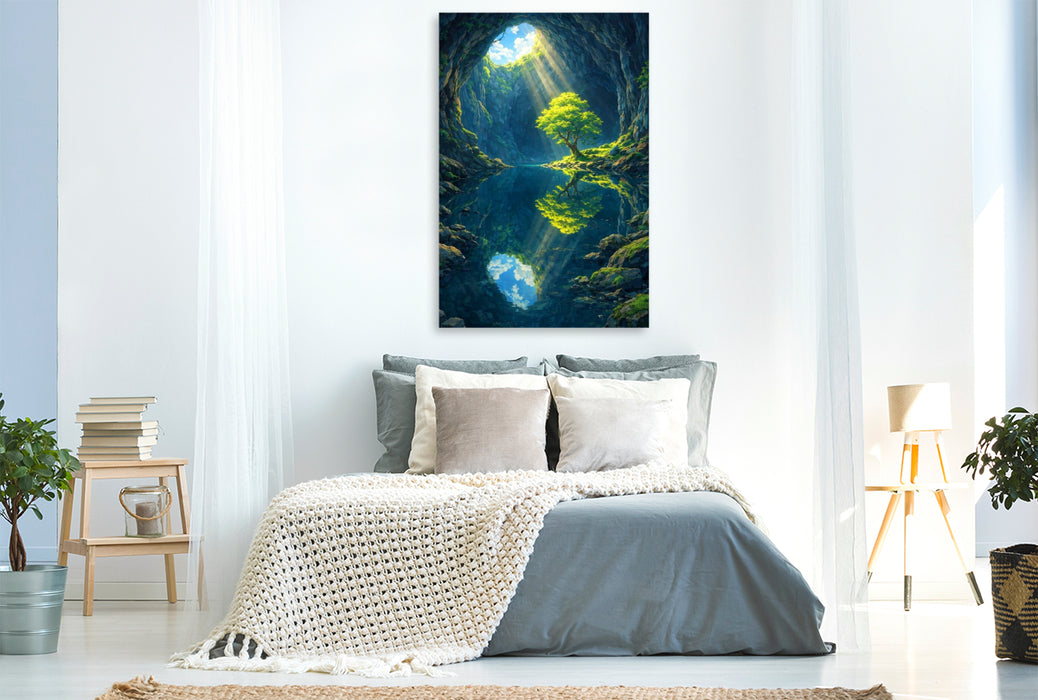 Premium Textil-Leinwand Einsamer Baum in der Höhle - wie im Anime Zeichentrickfilm