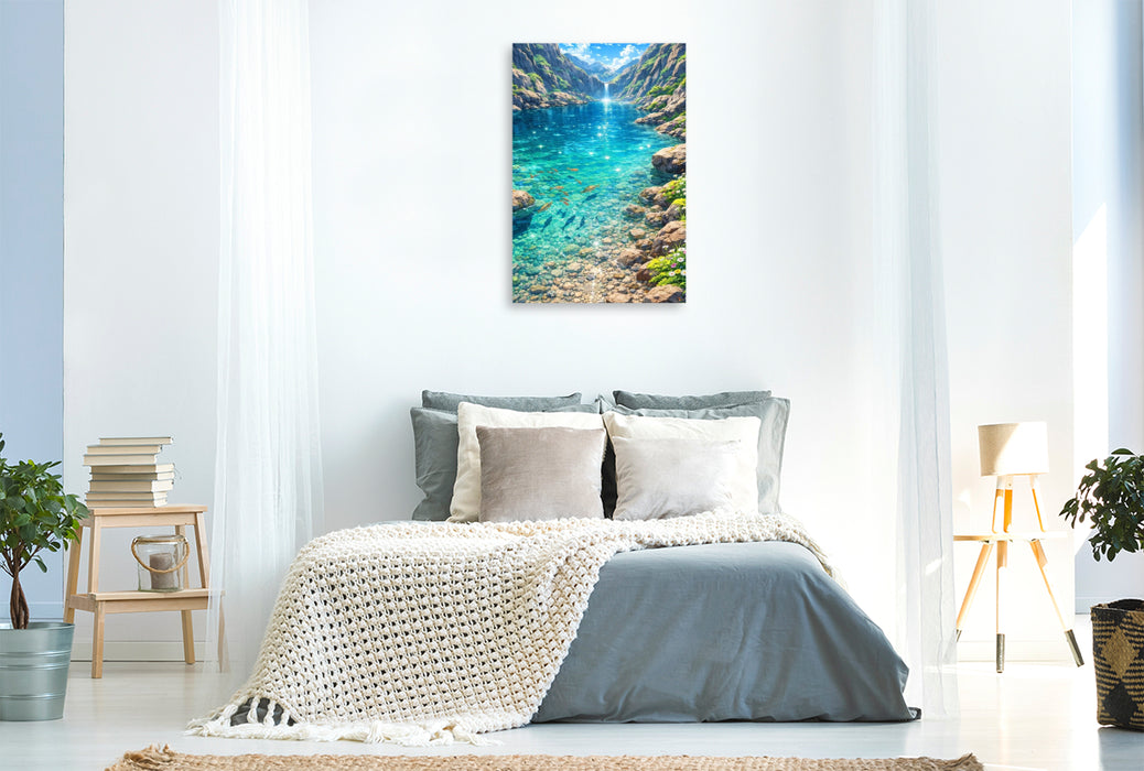 Premium Textil-Leinwand Glitzernde Oberfläche am See - wie im Anime Zeichentrickfilm