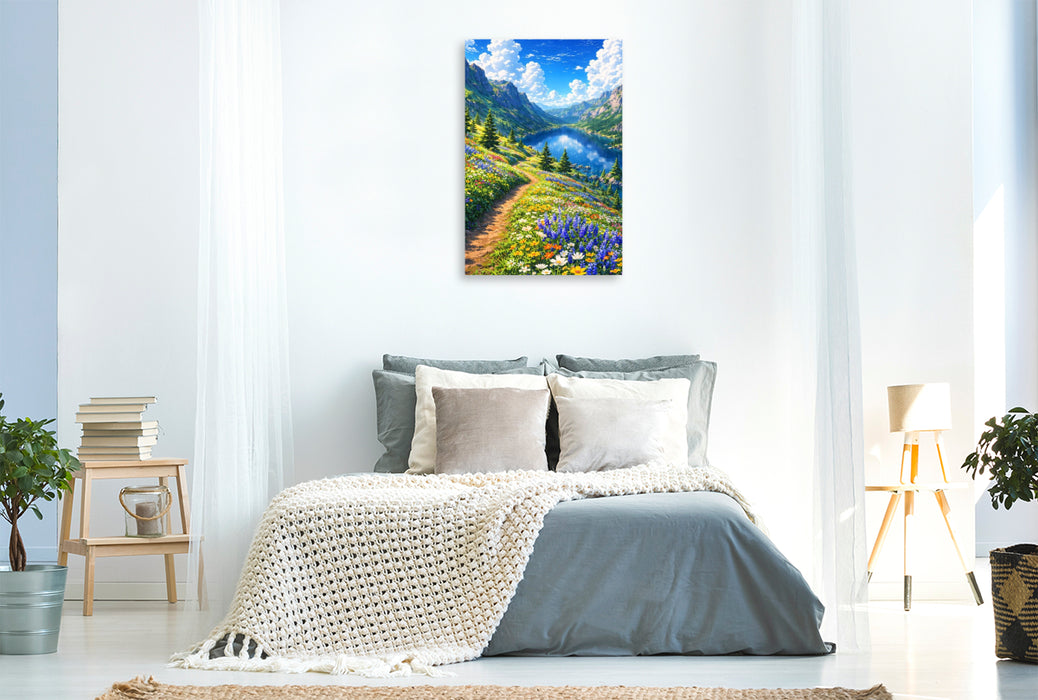 Premium Textil-Leinwand Versteckter See im Gebirge - wie im Anime Zeichentrickfilm