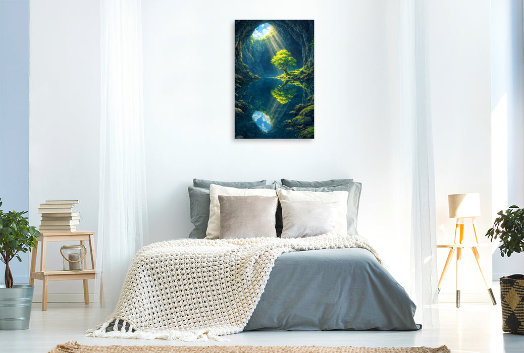 Premium Textil-Leinwand Einsamer Baum in der Höhle - wie im Anime Zeichentrickfilm